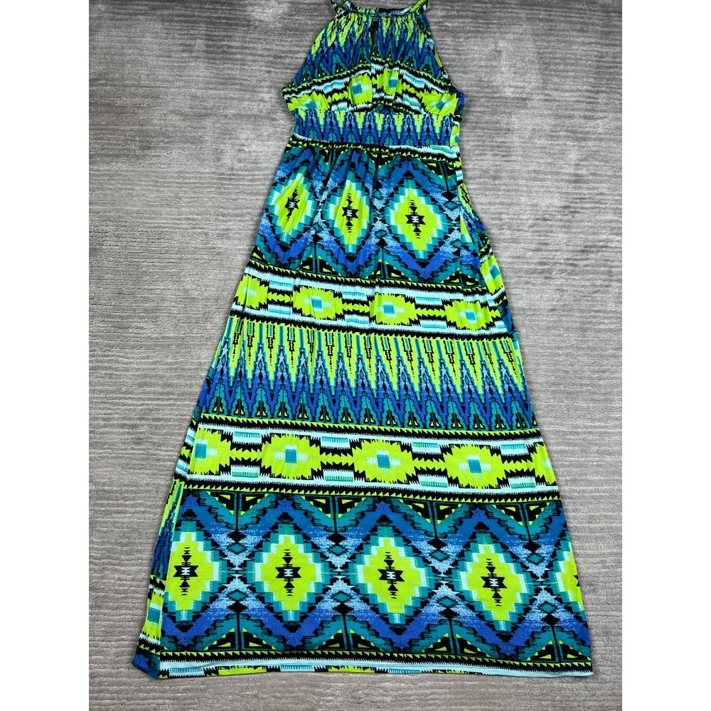 New Directions Maxi Dress Womens S Blue Green Geometric Tribal Halter Boho Gown